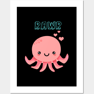 Cute Kawaii Baby Octopus Rawr - Pink Posters and Art